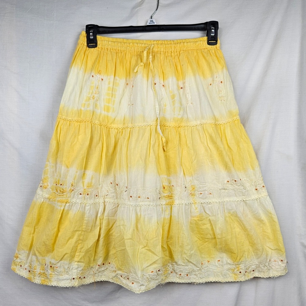 Coconut Republic Yellow Tie Dye Embroidered Beaded Tiered Midi Skirt M Boho